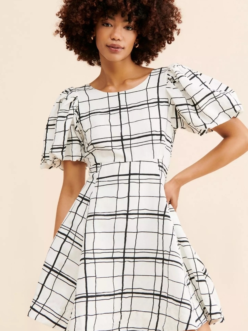 NWT Aureta Anthropologie Elle Mini Dress White Black Windowpane Puff Size S